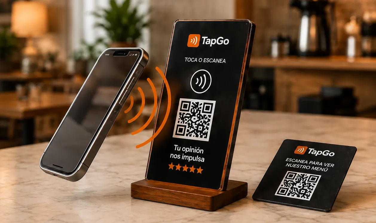 Un stand y una placa TapGo sobre el mostrador de un negocio, con un teléfono acercándose