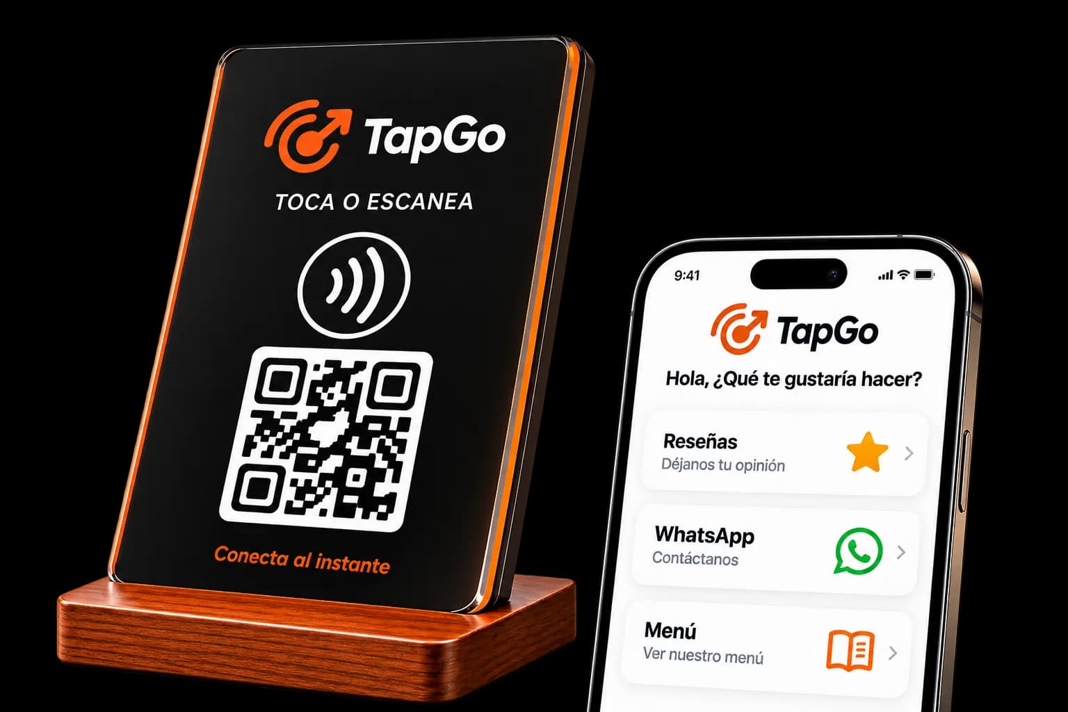 Un stand TapGo junto a un teléfono mostrando las opciones del negocio: reseñas, WhatsApp y menú
