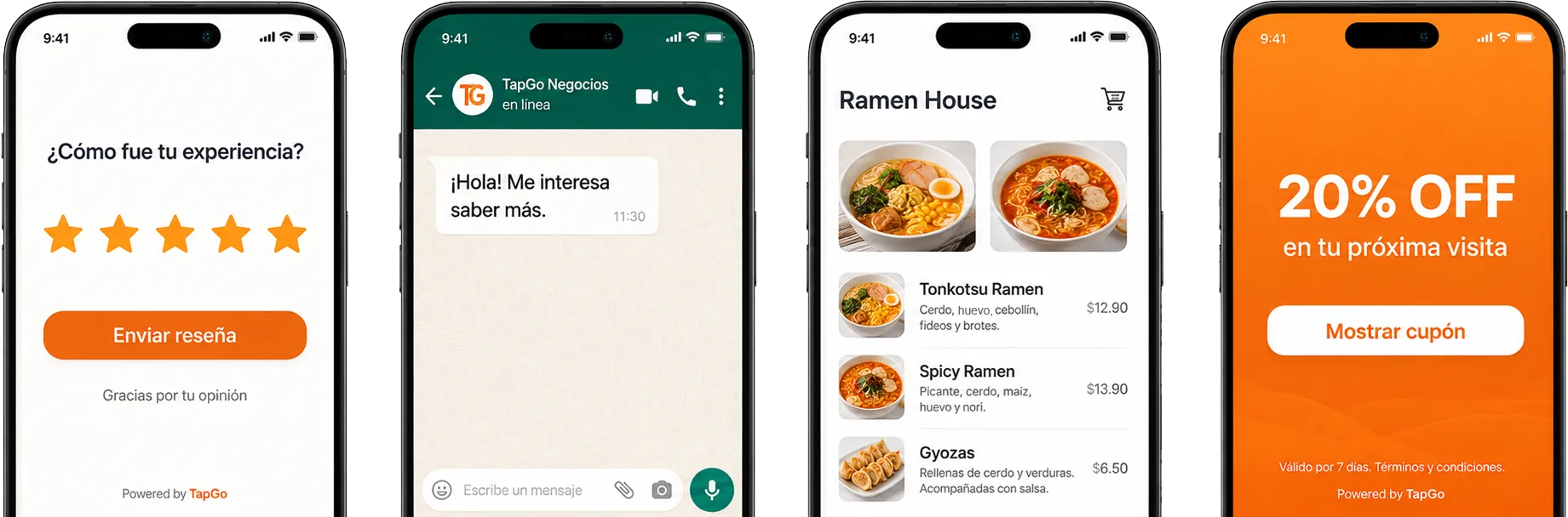 Cuatro pantallas de ejemplo a las que puede llevar un TapGo: reseña, WhatsApp, menú y promoción